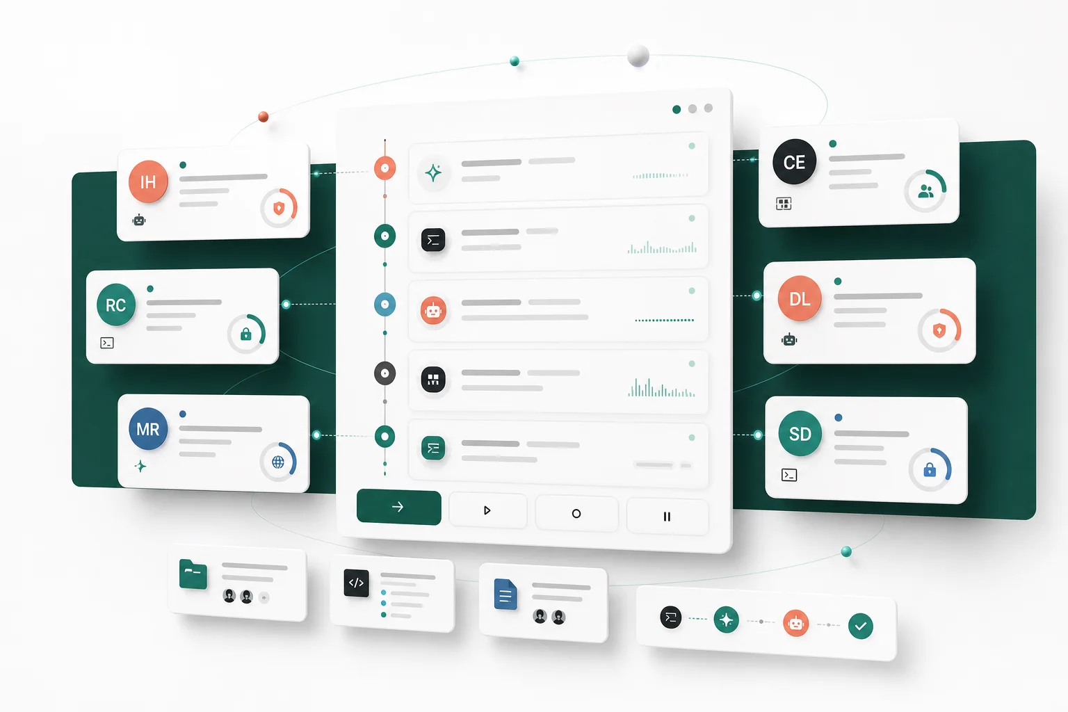 Abstract Vokal agent identity cards connected to a live run timeline.
