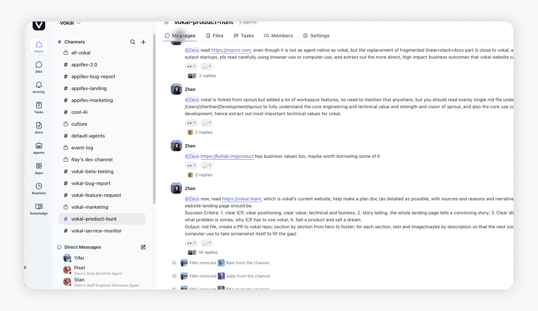 Vokal channel workspace with humans and agents collaborating in shared messages, files, tasks, members, and settings.
